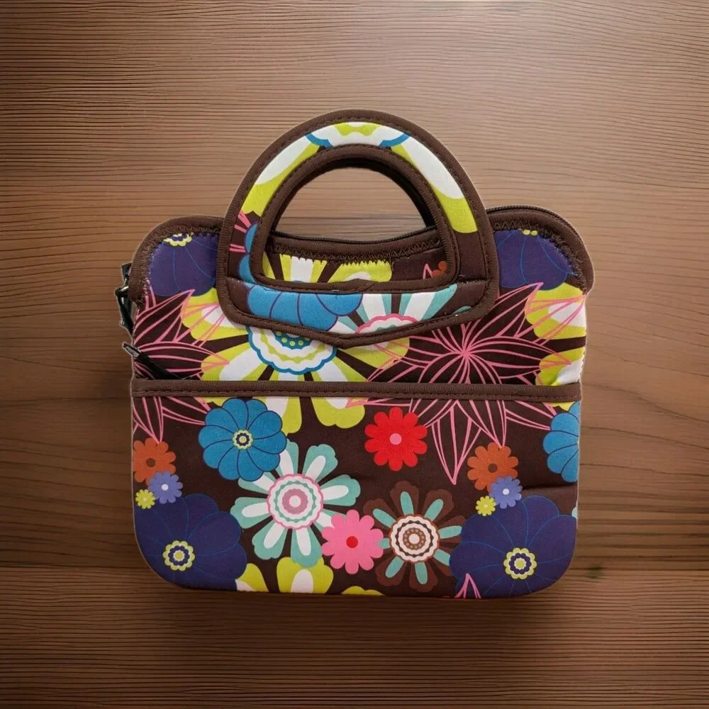 IE Brown Multicolored Floral Neoprene Laptop/ Tablet Case 10x8in. NWOT
